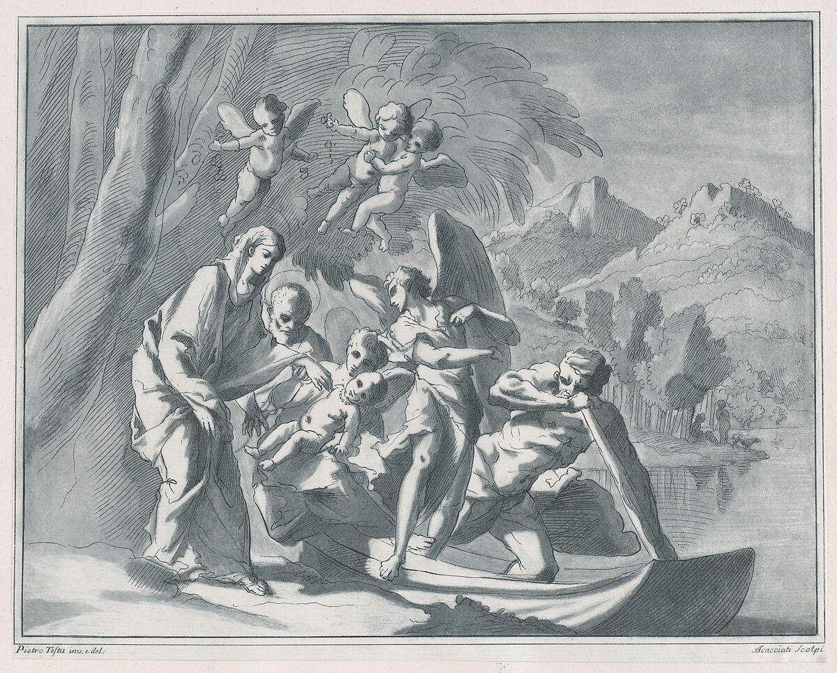 The rest on the Flight into Egypt, Andrea Scacciati (Italian, 1725–1771), Etching and aquatint imitating a chiaroscuro woodcut printed in green 