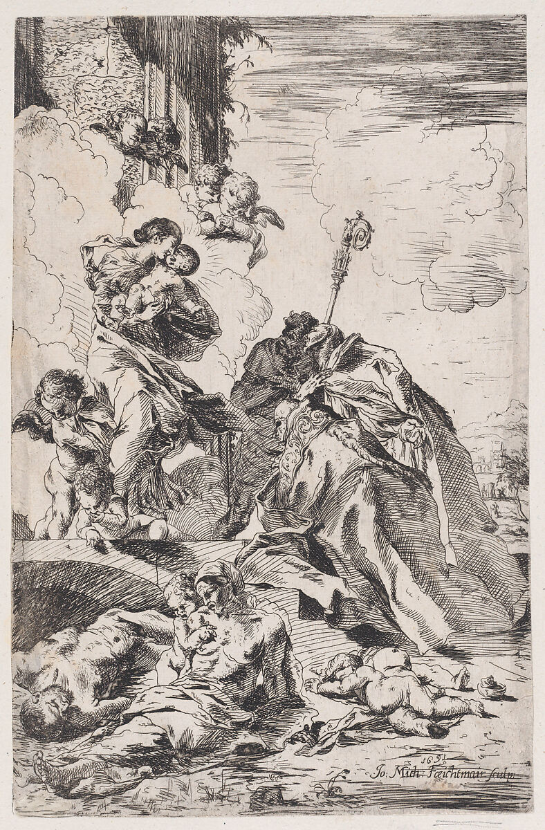 Three Lucchese saints Sts Nicholas Tolentino, Nicholas of Bari interceding with the Virgin for the victims of the plague, Johann Michael Feichtmayr the Elder (German, 1666–1713), Etching 