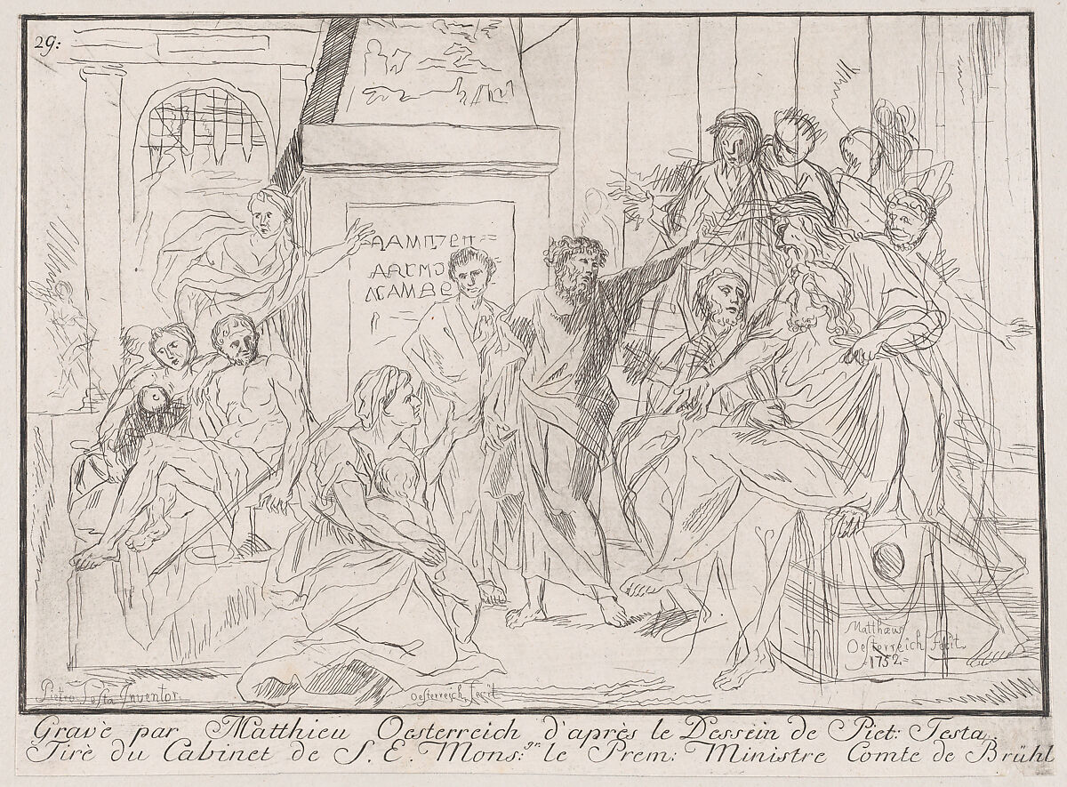 Classical scene of figures gathered around an orator at right (possibly related to healing the lame), Matthias Oesterreich (German, 1716–1778), Etching 