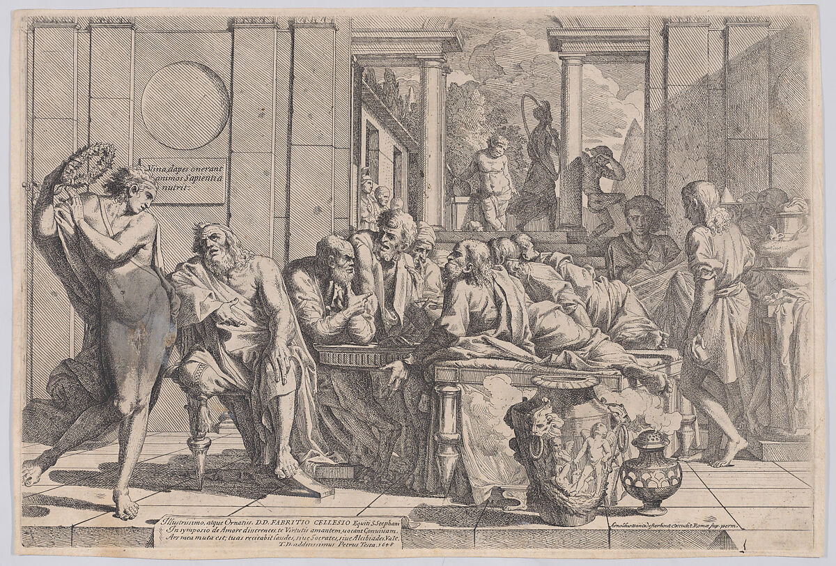 Plato's symposium: Socrates and his companions seated around a table discussing ideal love interruputed by Acibiades at left, Pietro Testa (Italian, Lucca 1612–1650 Rome), Etching 