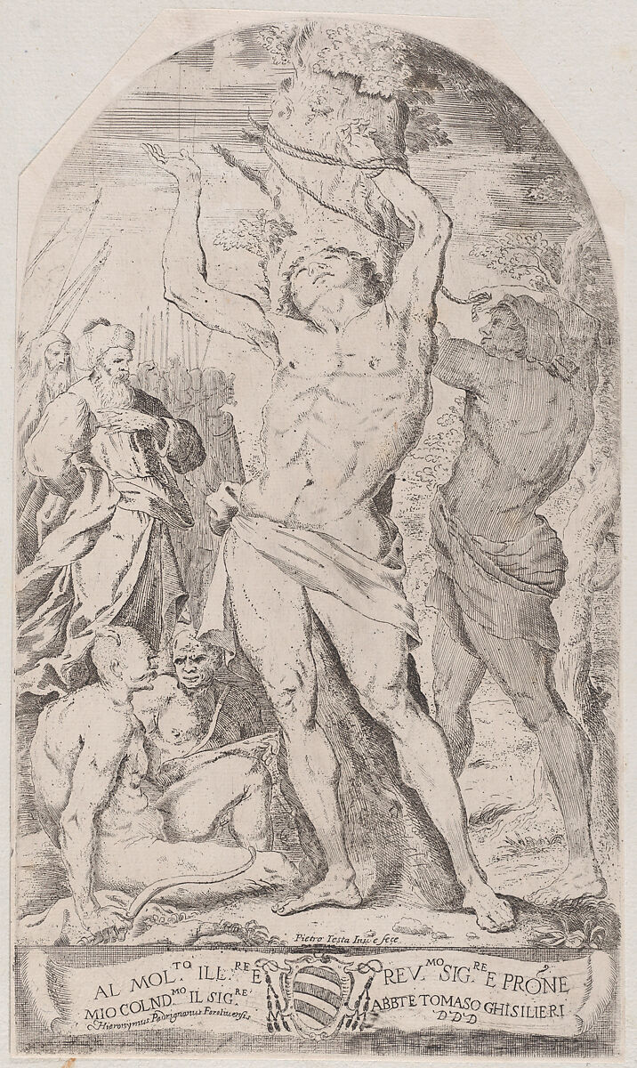 Saint Sebastian being tied to a tree, Girolamo Pedrignani (Italian, act. 1625–1650), Etching 