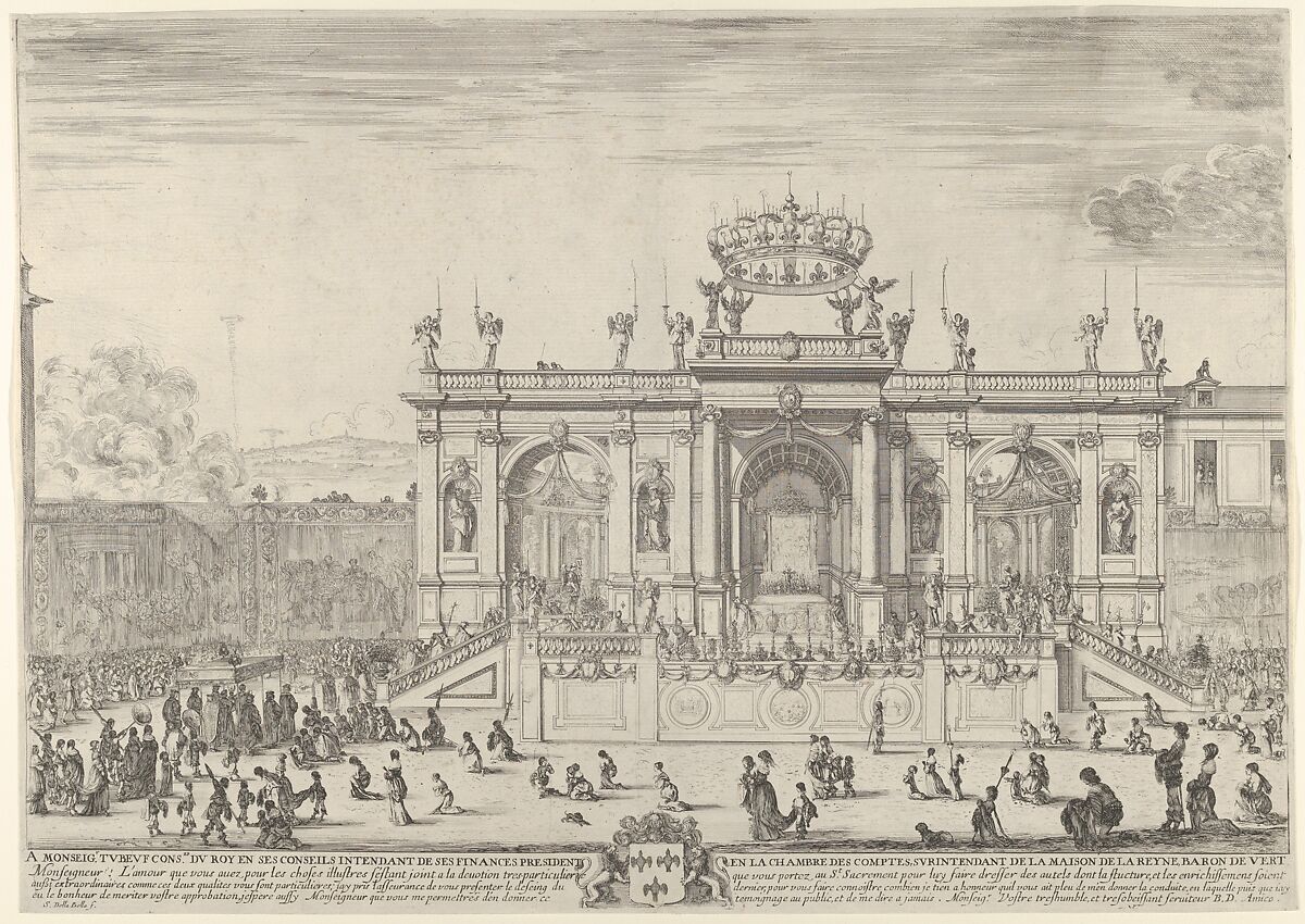 The altar of the holy sacrament; at left, the sacrament beneath a canopy, carried in procession and followed by the Louis XIV and Anne of Austria heading towards a large arched structure, spectators at left and right kneel in front of tapestries after Raphael, Stefano della Bella (Italian, Florence 1610–1664 Florence), Etching; third state of eight 