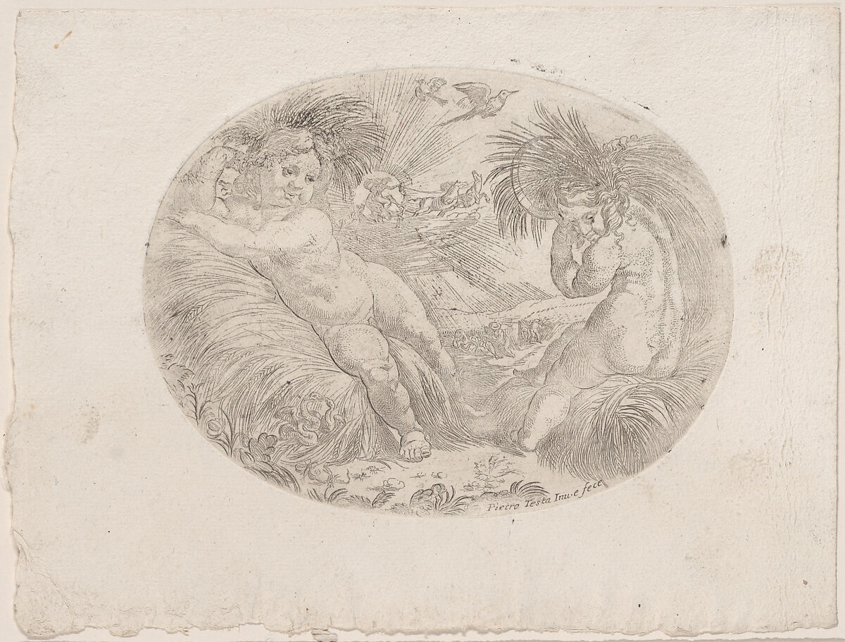 Putto at left reclining on sheaves of wheat, another at right carrying a sheave over his shoulder, an allegory of the seasons (Summer), an oval composition, Anonymous, 17th century, Etching 