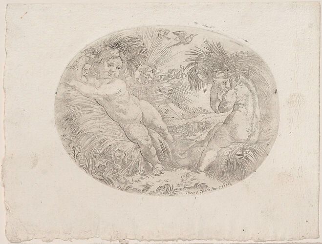 Putto at left reclining on sheaves of wheat, another at right carrying a sheave over his shoulder, an allegory of the seasons (Summer), an oval composition