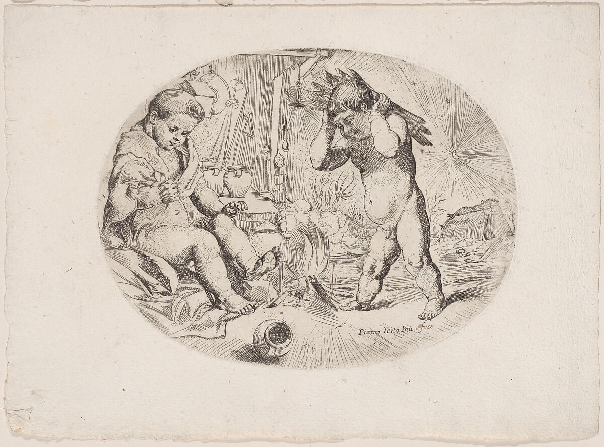 Putto at left by a fire, anther at right carrying wood, an allegory of the seasons (Winter) an oval composition, Anonymous, 17th century, Etching 
