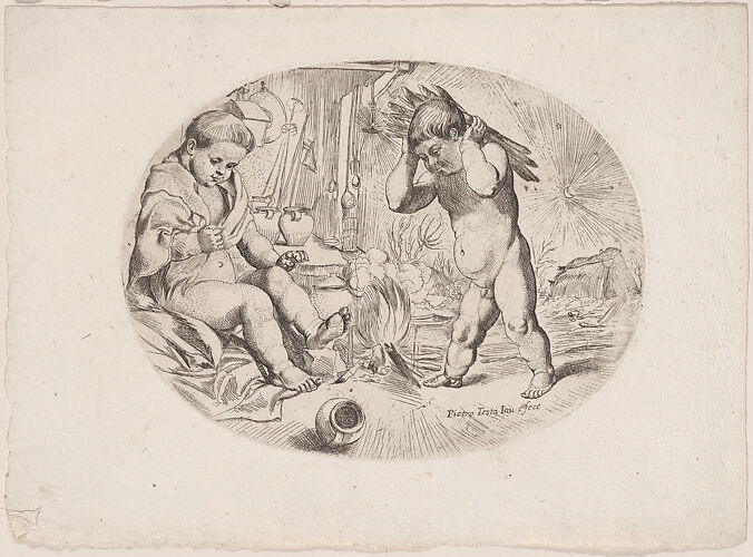 Putto at left by a fire, anther at right carrying wood, an allegory of the seasons (Winter) an oval composition