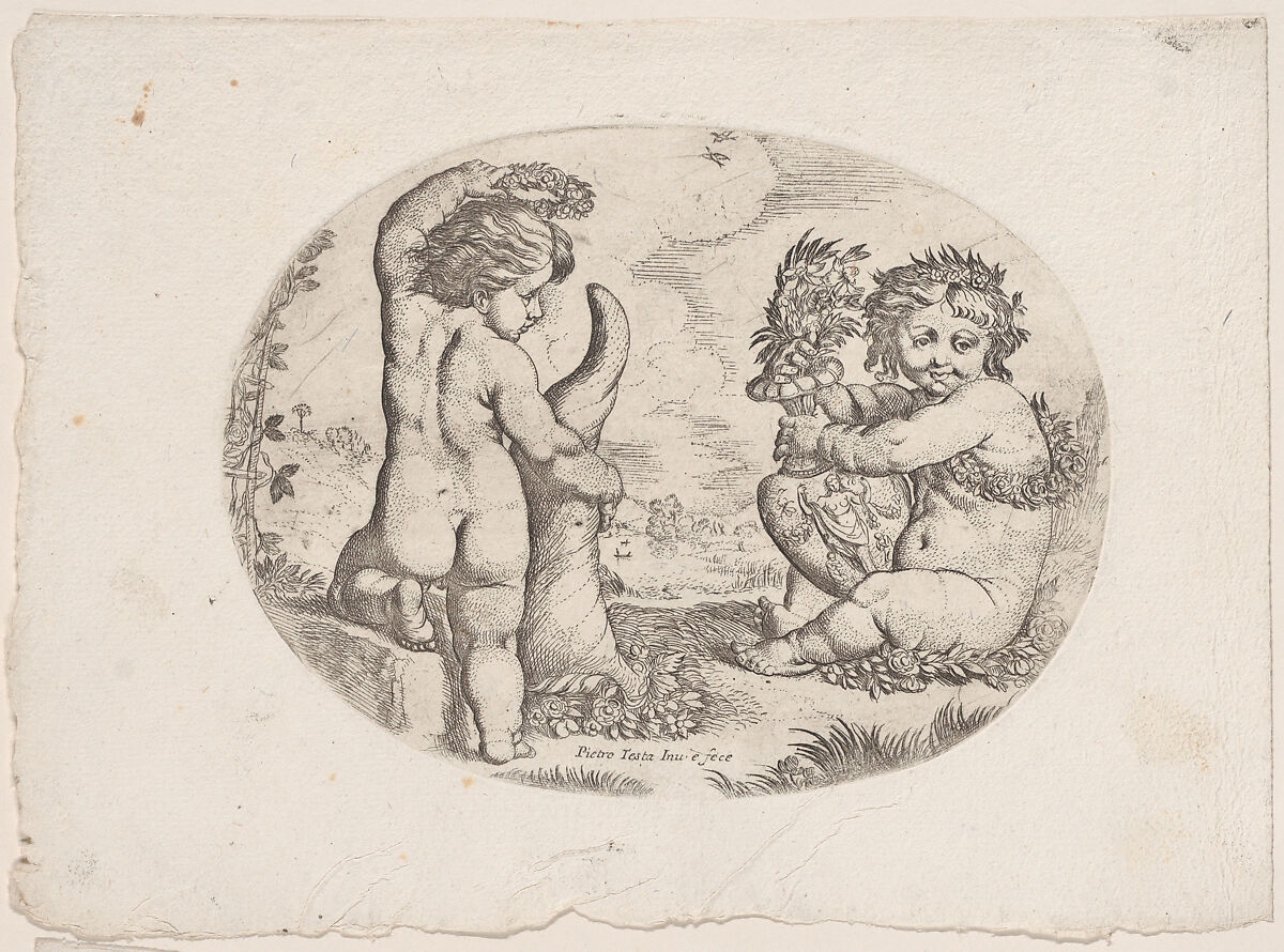 Putto at left holding an upturned cornucopia and a garland, another seated at the right holding an urn, an allegory of the seasons (Autumn), an oval composition, Anonymous, 17th century, Etching 