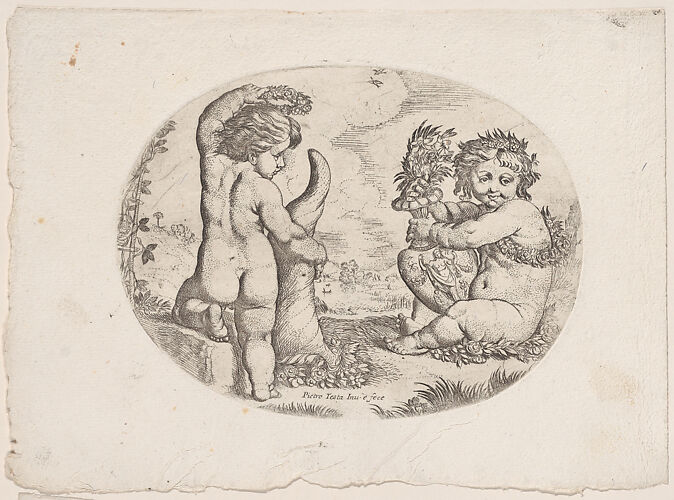 Putto at left holding an upturned cornucopia and a garland, another seated at the right holding an urn, an allegory of the seasons (Autumn), an oval composition