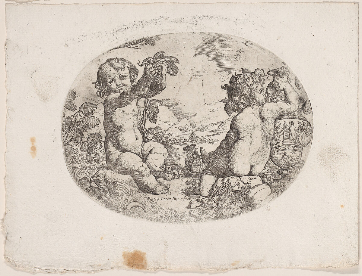 Putto at the left hold aloft grapes,another seated at the right holding an urn, an allegory of the seasons (Summer), an oval composition, Anonymous, 17th century, Etching 