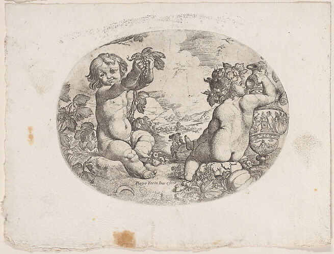 Putto at the left hold aloft grapes,another seated at the right holding an urn, an allegory of the seasons (Summer), an oval composition