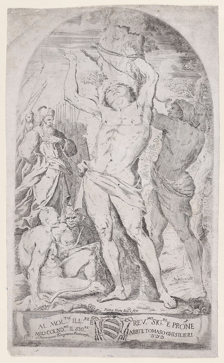 Saint Sebastian being tied to a tree, Girolamo Pedrignani (Italian, act. 1625–1650), Etching 