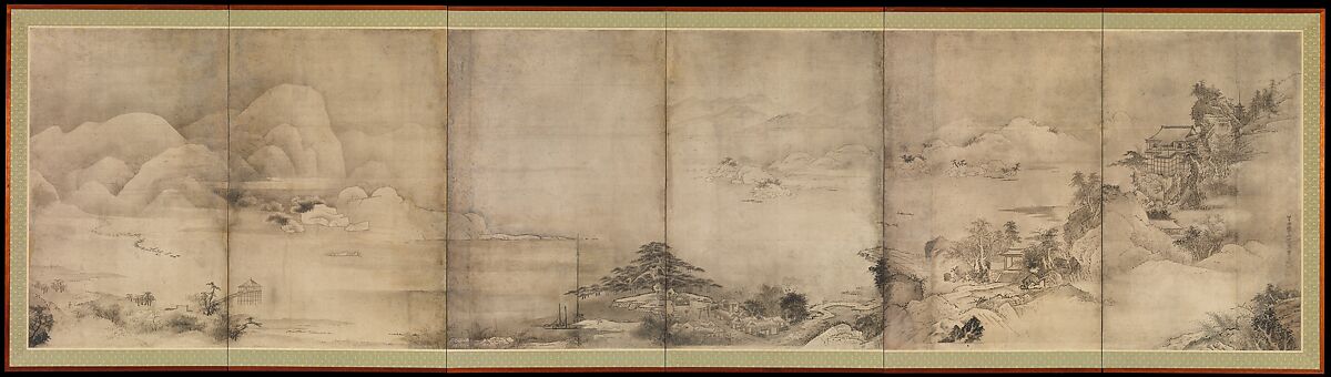 Eight Views of Ōmi (Ōmi hakkei), Soga Shōhaku (Japanese, 1730–1781), Six-panel folding screen; ink and paper, Japan 