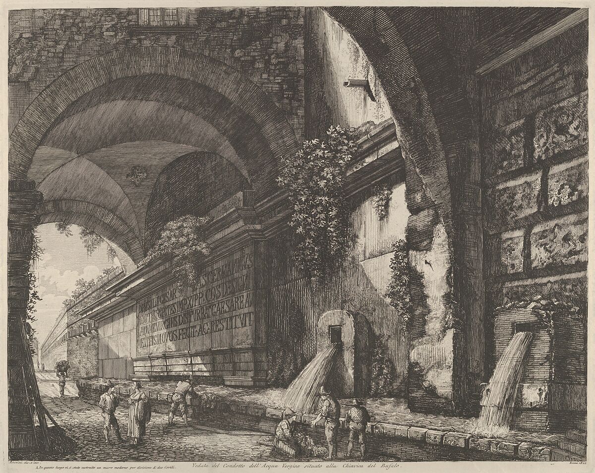View of the ancient aquaduct and fountains situated near the Chiavica del Bufalo in Rome, Luigi Rossini (Italian, Ravenna 1790–1857 Rome), Etching 