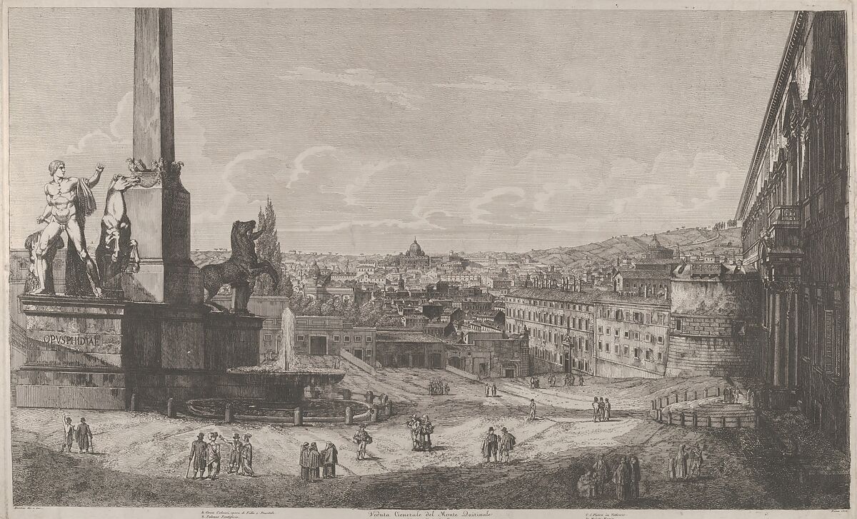 View of the Quirinal Hill in Rome with the fountain of the horse tamers at left, Luigi Rossini (Italian, Ravenna 1790–1857 Rome), Etching 