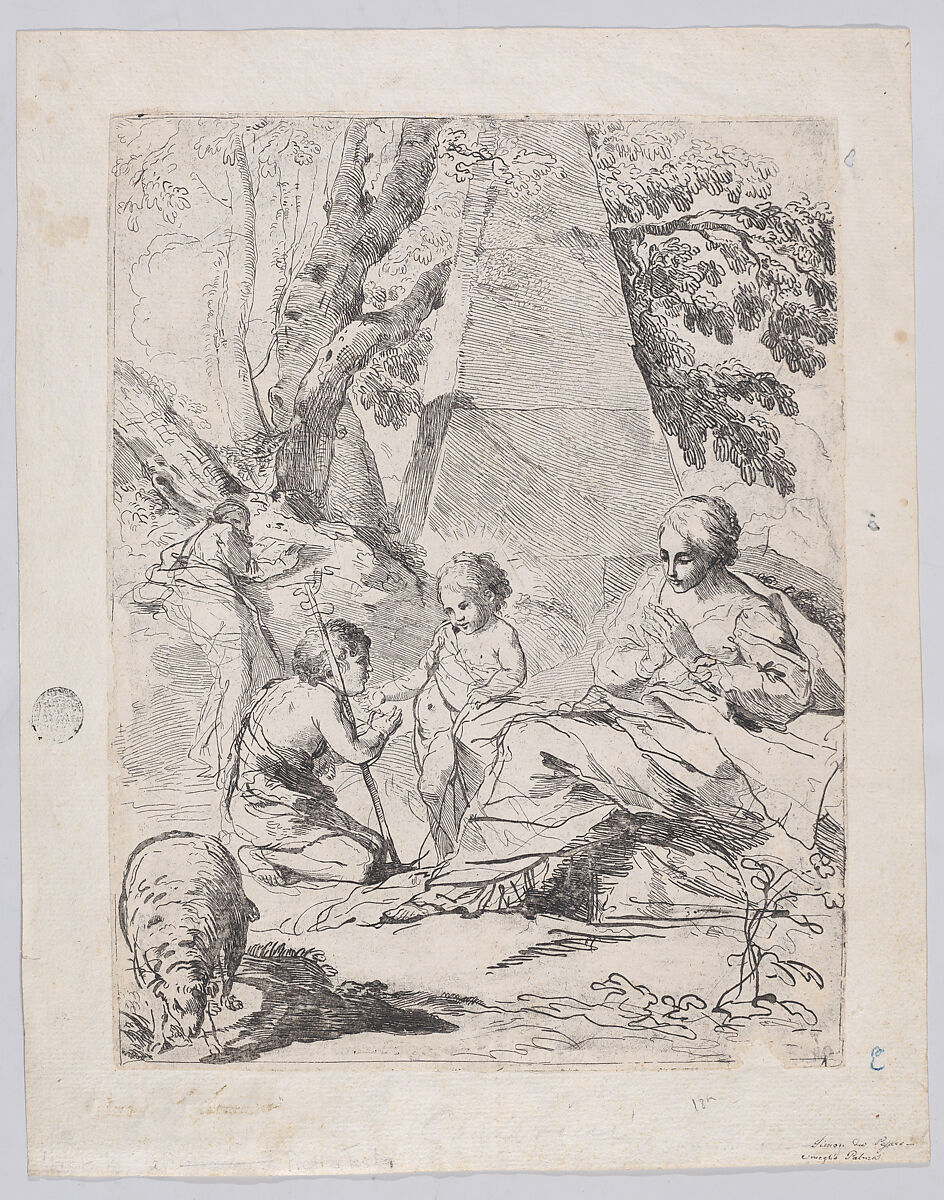 The Virgin at the right with the Christ Child and St John the Baptist at left, a pyramid structure in the background, Anonymous, 18th century, Etching 