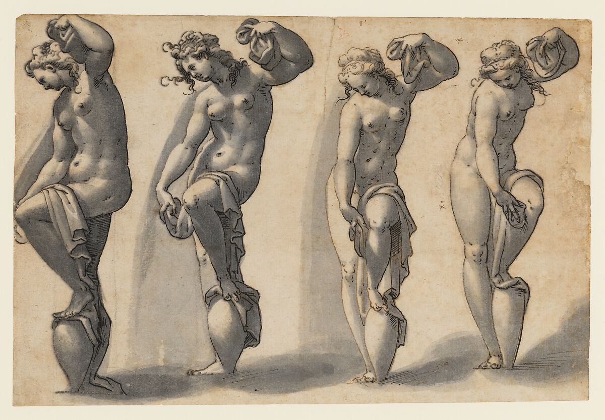 Four Studies after Giambologna's "Venus Leaving the Bath", Hans Bock the Younger (Swiss, Basel 1575–1626), Pen and brown and black ink, brush and gray wash 