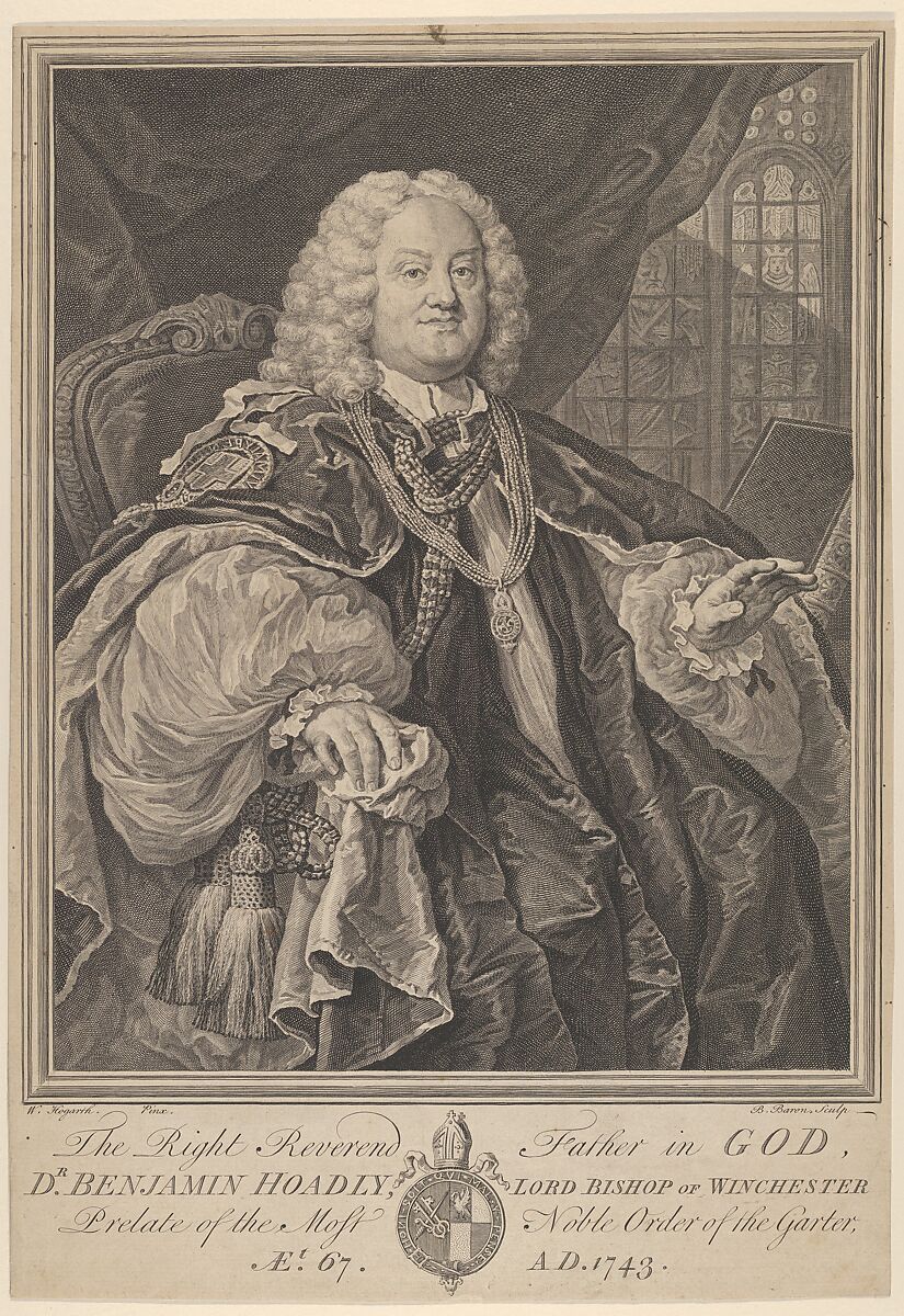 The Right Reverend Father in God, Dr. Benjamin Hoadly, Lord Bishop of Winchester, Prelate of the Most Noble Order of the Garter, Aet. 67. A.D. 1743, Bernard Baron (French, Paris 1696–1762 London), Engraving 