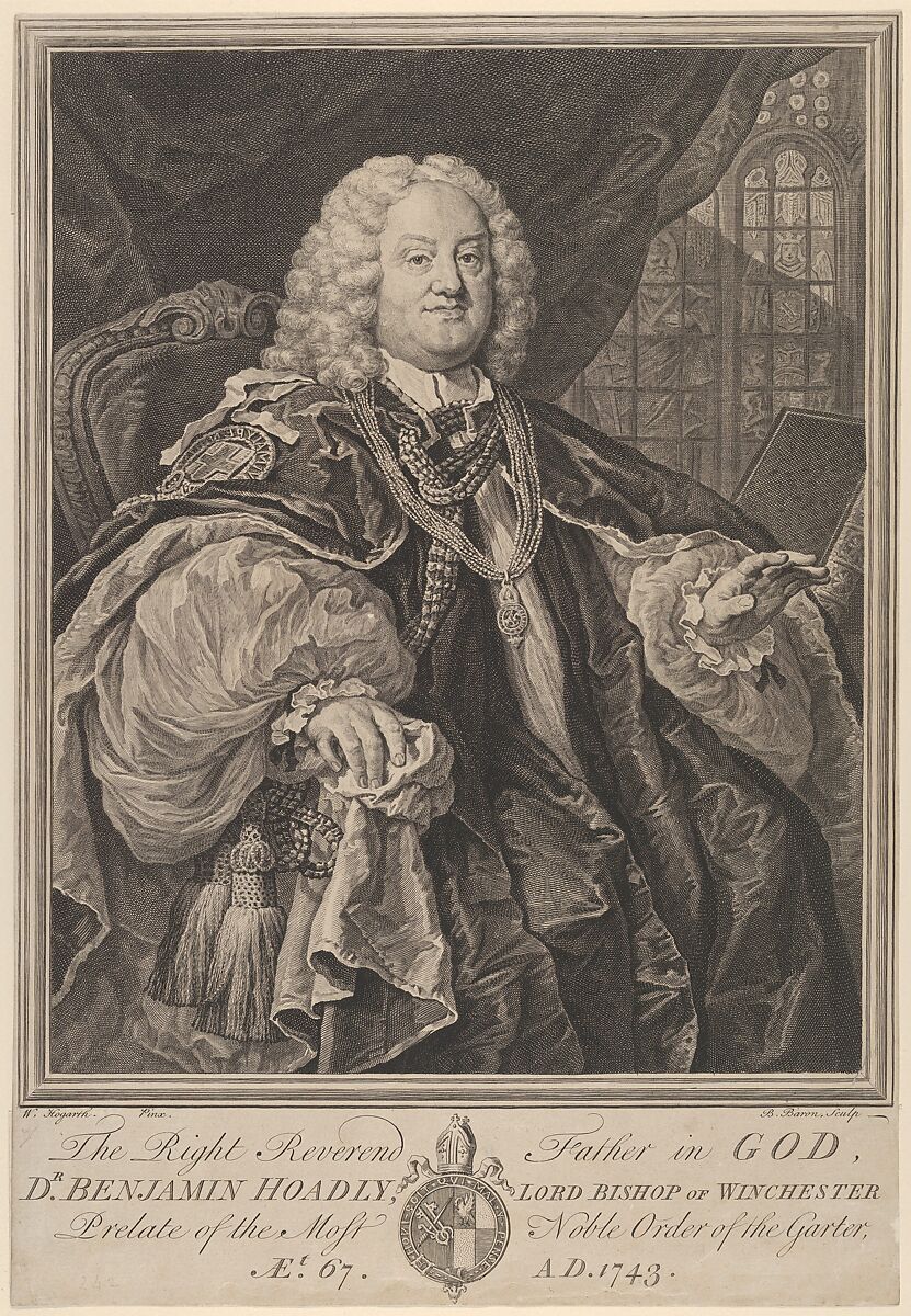 The Right Reverend Father in God, Dr. Benjamin Hoadly, Lord Bishop of Winchester, Prelate of the Most Noble Order of the Garter, Aet. 67. A.D. 1743, Bernard Baron (French, Paris 1696–1762 London), Engraving 