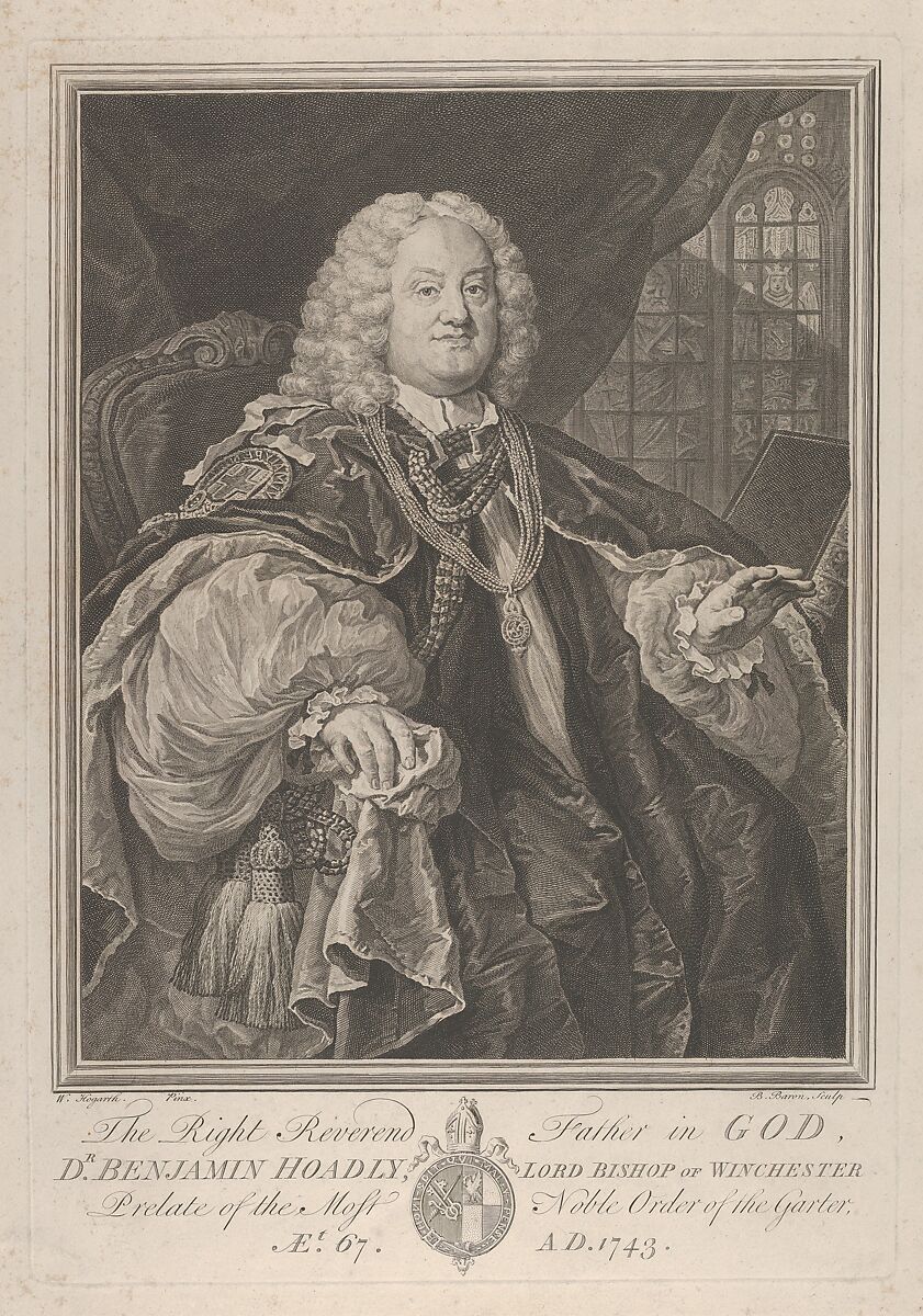 The Right Reverend Father in God, Dr. Benjamin Hoadly, Lord Bishop of Winchester, Prelate of the Most Noble Order of the Garter, Aet. 67. A.D. 1743, Bernard Baron (French, Paris 1696–1762 London), Engraving 