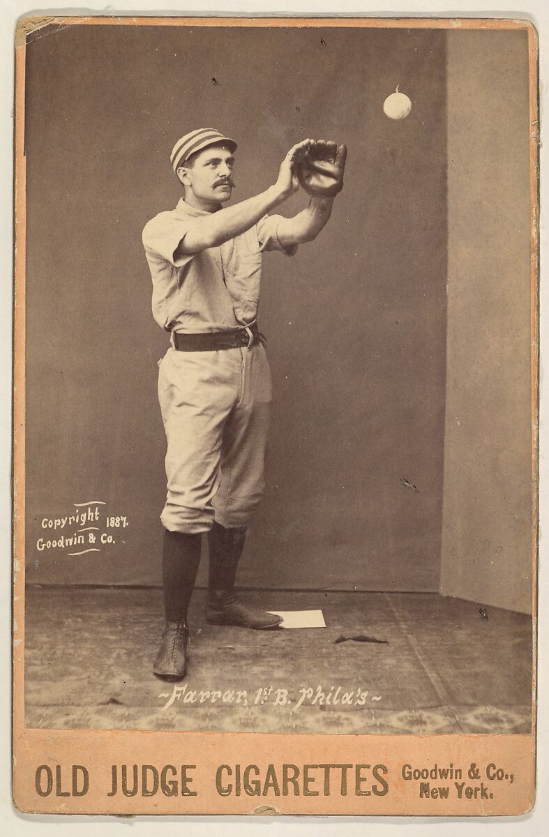 Farrar, 1st Base, Philadelphia, from the series Old Judge Cigarettes, Issued by Goodwin &amp; Company, Albumen photograph, cabinet card 