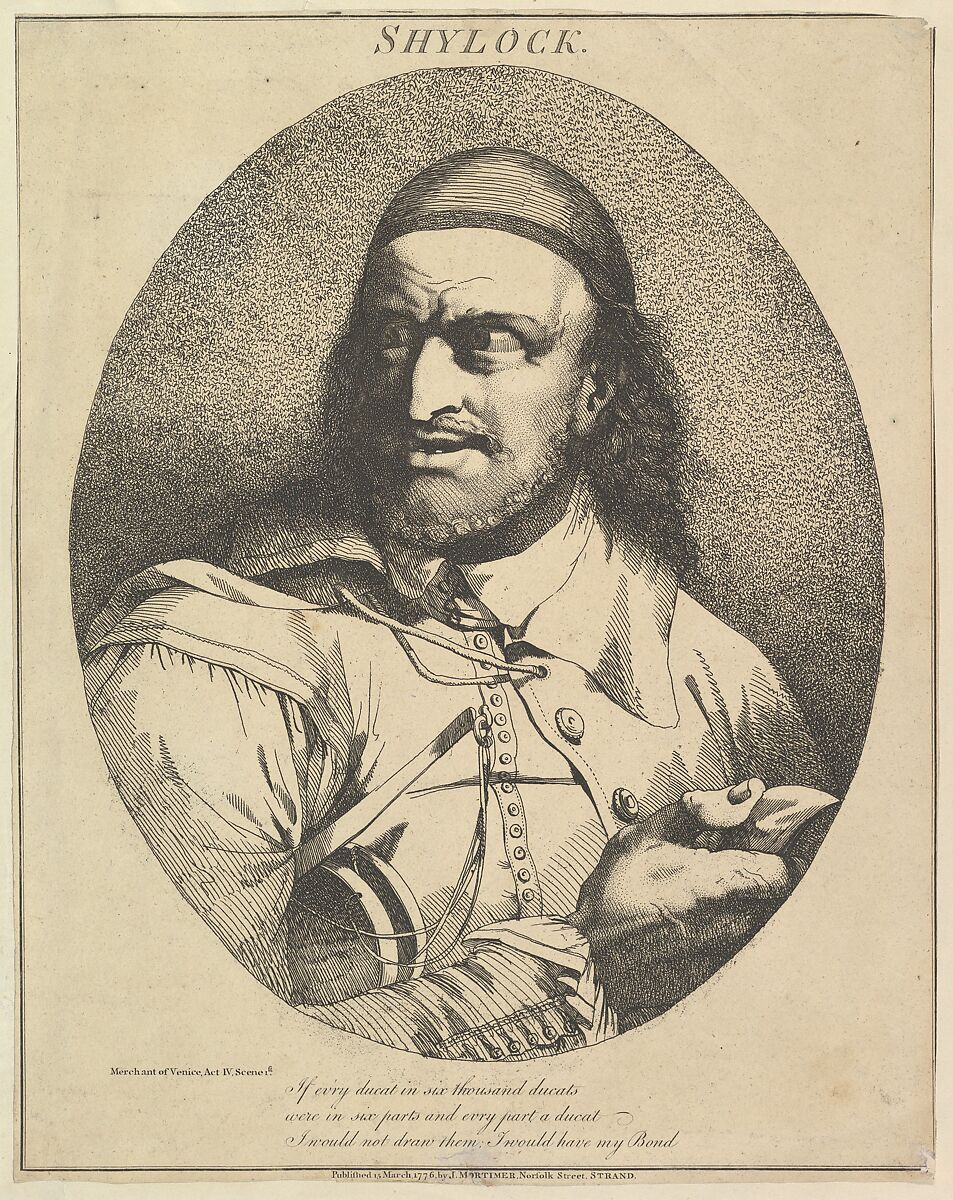 Shylock, from "Twelve Characters from Shakespeare", John Hamilton Mortimer (British, Eastbourne 1740–1779 London), Etching 
