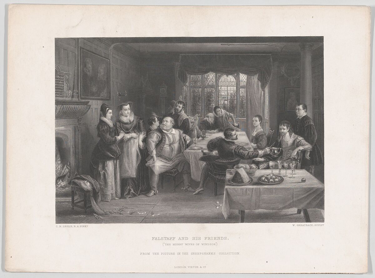 Falstaff and His Friends, "The Merry Wives of Windsor," from "The Art Journal," opposite p. 84, William Greatbach (British, Stoke-on-Trent 1802–1894 London), Etching and engraving 