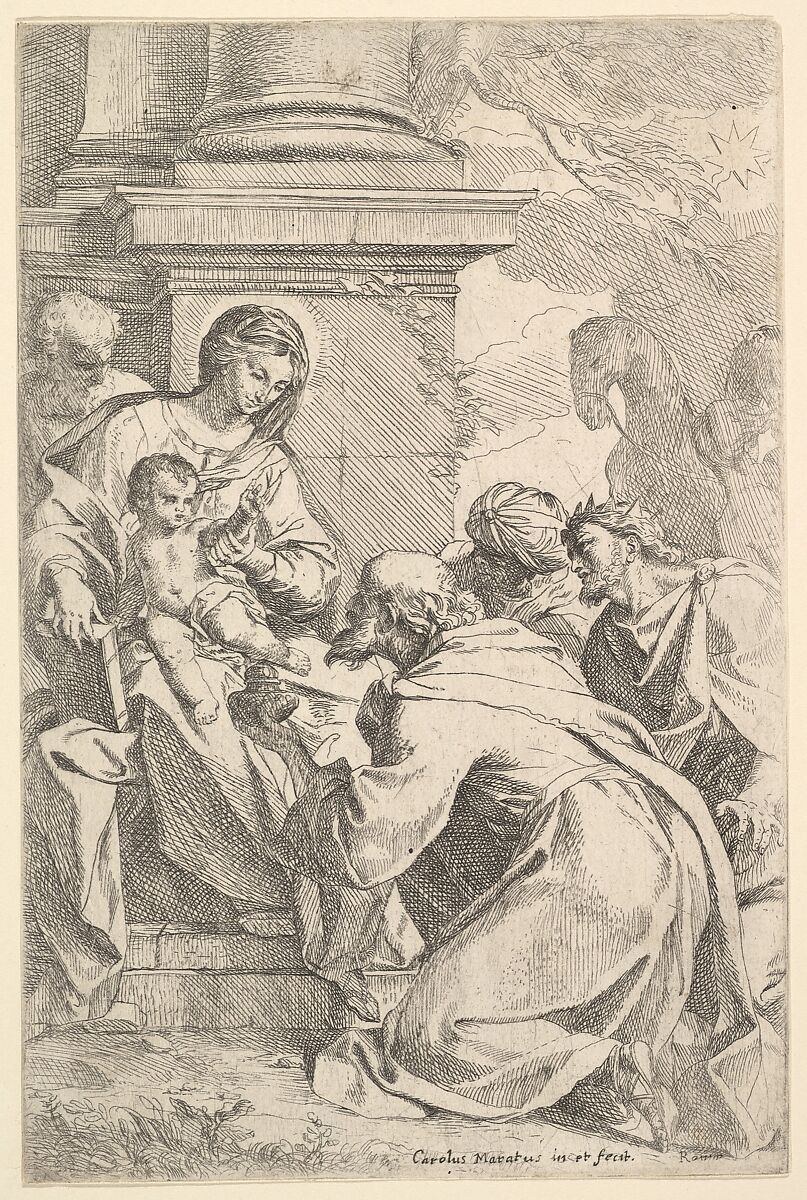 The Adoration of the Magi, Carlo Maratti (Italian, Camerano 1625–1713 Rome), Etching; second state of two (Bartsch) 
