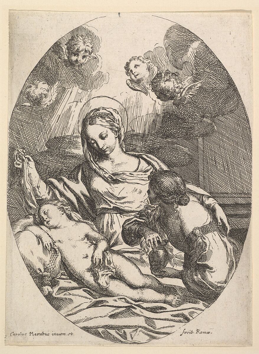 Virgin and Child with St. Mary Magdalen, Carlo Maratti (Italian, Camerano 1625–1713 Rome), Etching; second state of four (Bartsch) 
