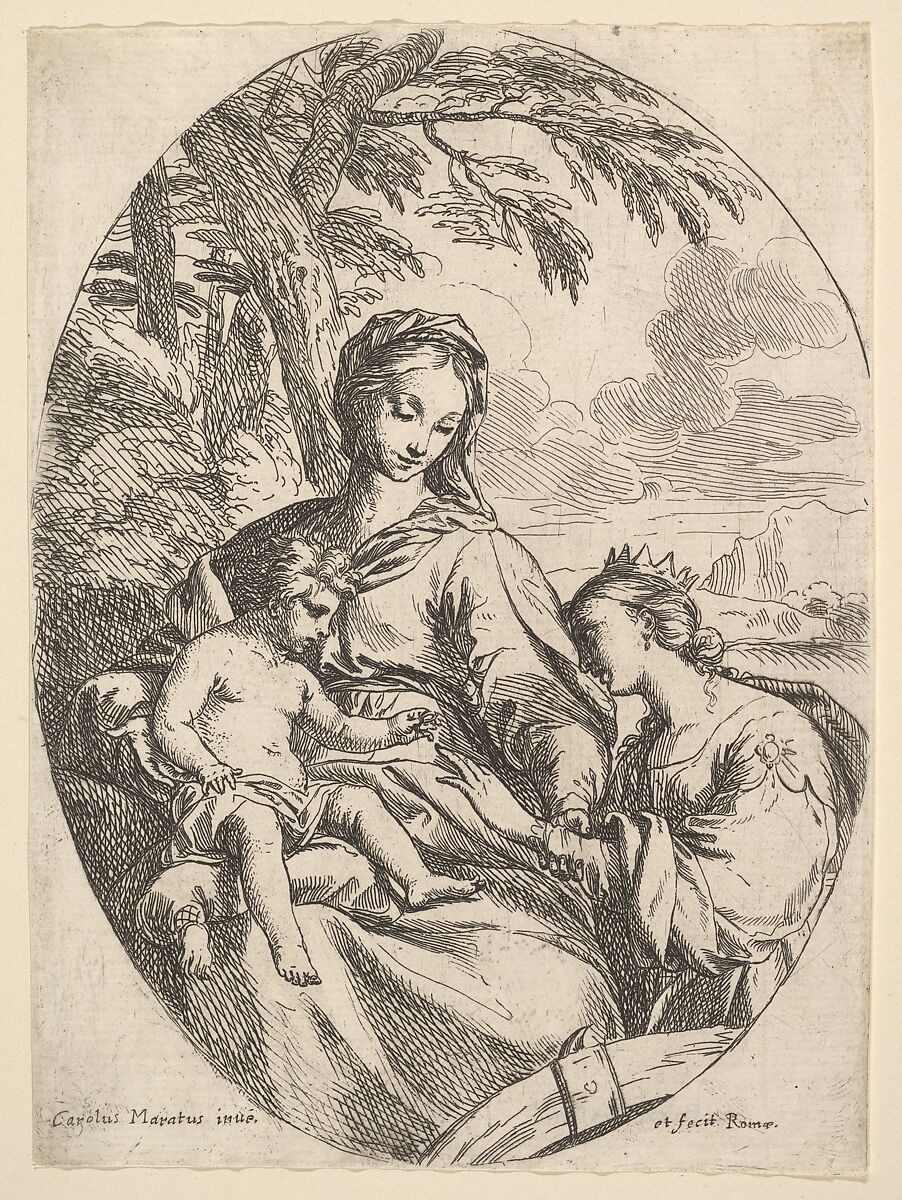 The Marriage of St. Catherine, Carlo Maratti (Italian, Camerano 1625–1713 Rome), Etching; second state of five (Bartsch) 