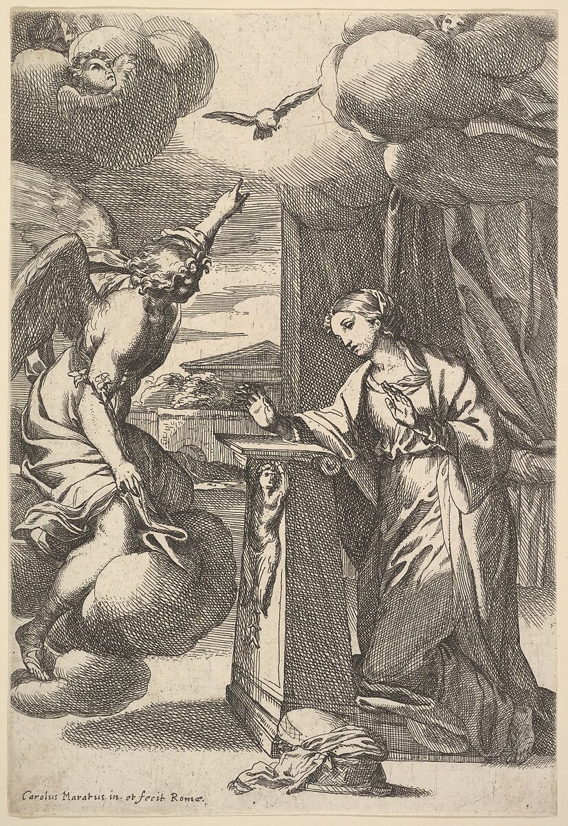 The Annunciation, Carlo Maratti (Italian, Camerano 1625–1713 Rome), Etching; second state of two (Bartsch) 