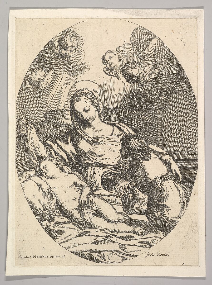 Virgin and Child with St. Mary Magdalen, Carlo Maratti (Italian, Camerano 1625–1713 Rome), Etching; second state of four (Bartsch) 