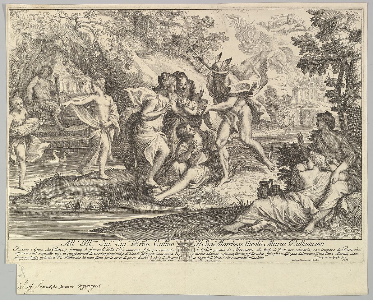 Bacchus as a child given by Mercury to the care of the Nymphs, Andrea Procaccini (Italian, Rome 1671–1734 La Granja de San Ildefonso), Engraving and etching 