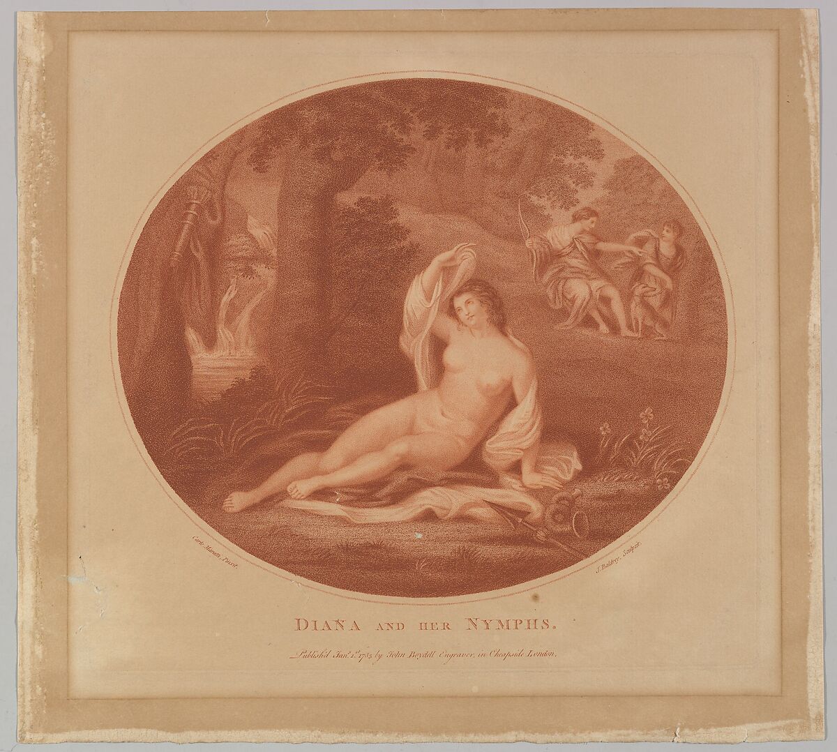 Diana and her Nymphs, John Baldrey (British, 1758–after 1792), Stipple engraving, printed in red ink 