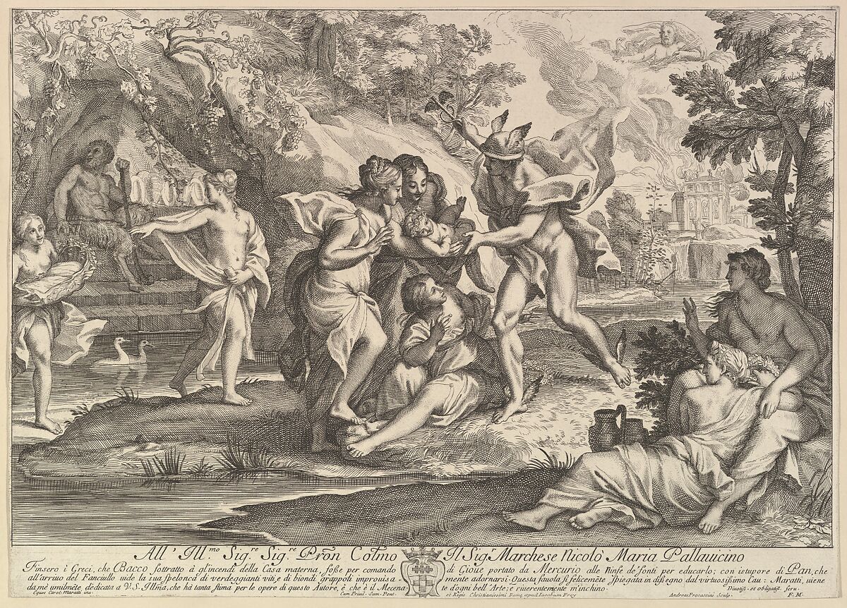 Bacchus as a child given by Mercury to the care of the Nymphs, Andrea Procaccini (Italian, Rome 1671–1734 La Granja de San Ildefonso), Engraving and etching 
