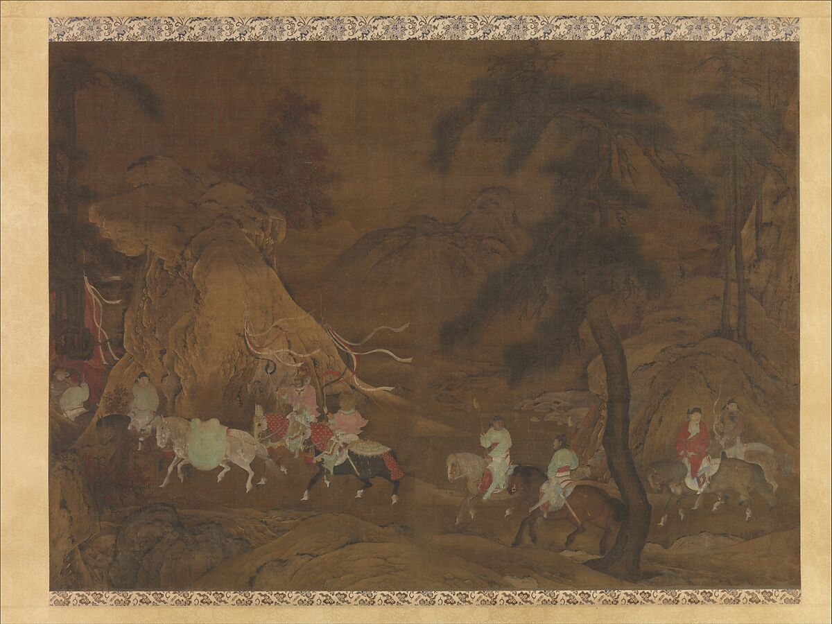 Emperor Xuanzong's Flight to Shu, Unidentified artist Chinese, active mid-12th century, Hanging scroll; ink, color, and gold on silk, China 