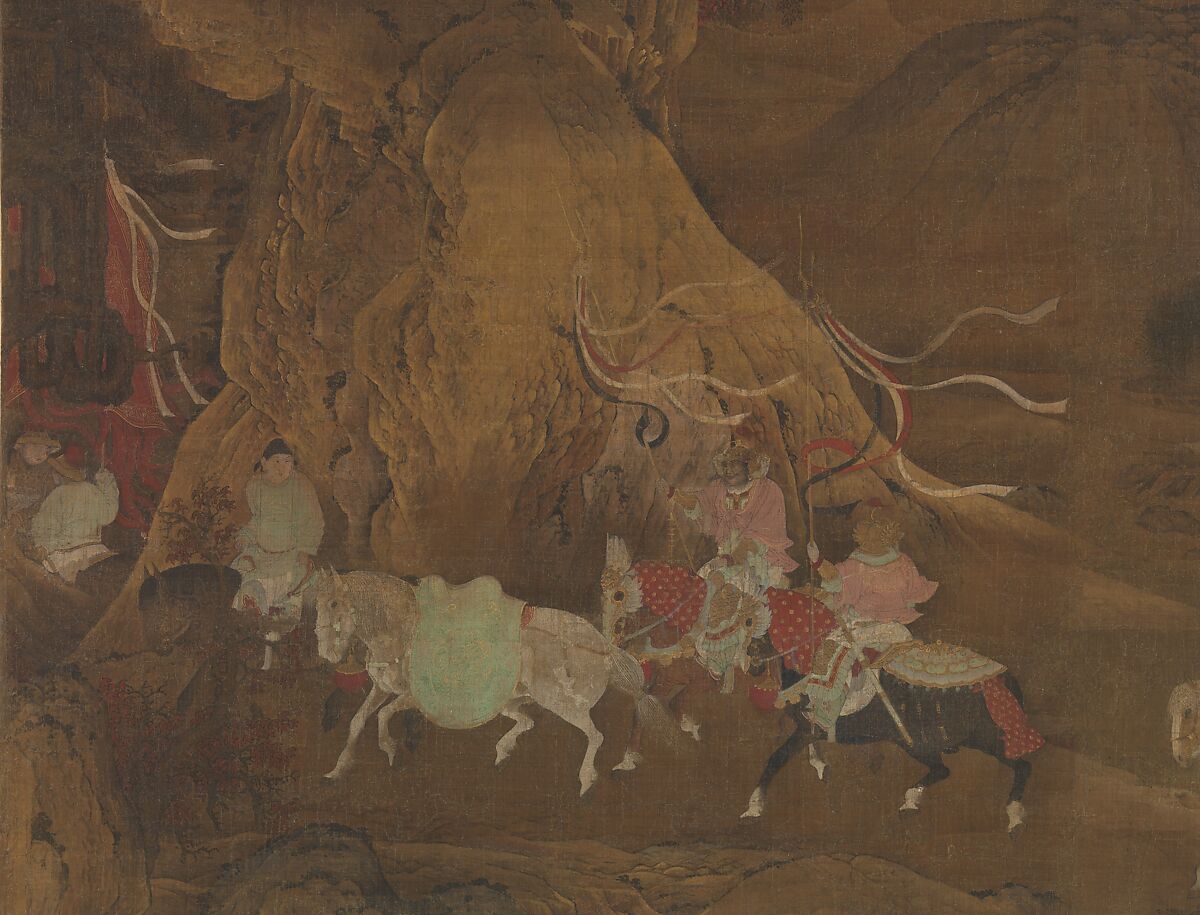 Emperor Xuanzong's flight to Shu, Unidentified artist Chinese, active mid-12th century, Hanging scroll; ink, color, and gold on silk, China