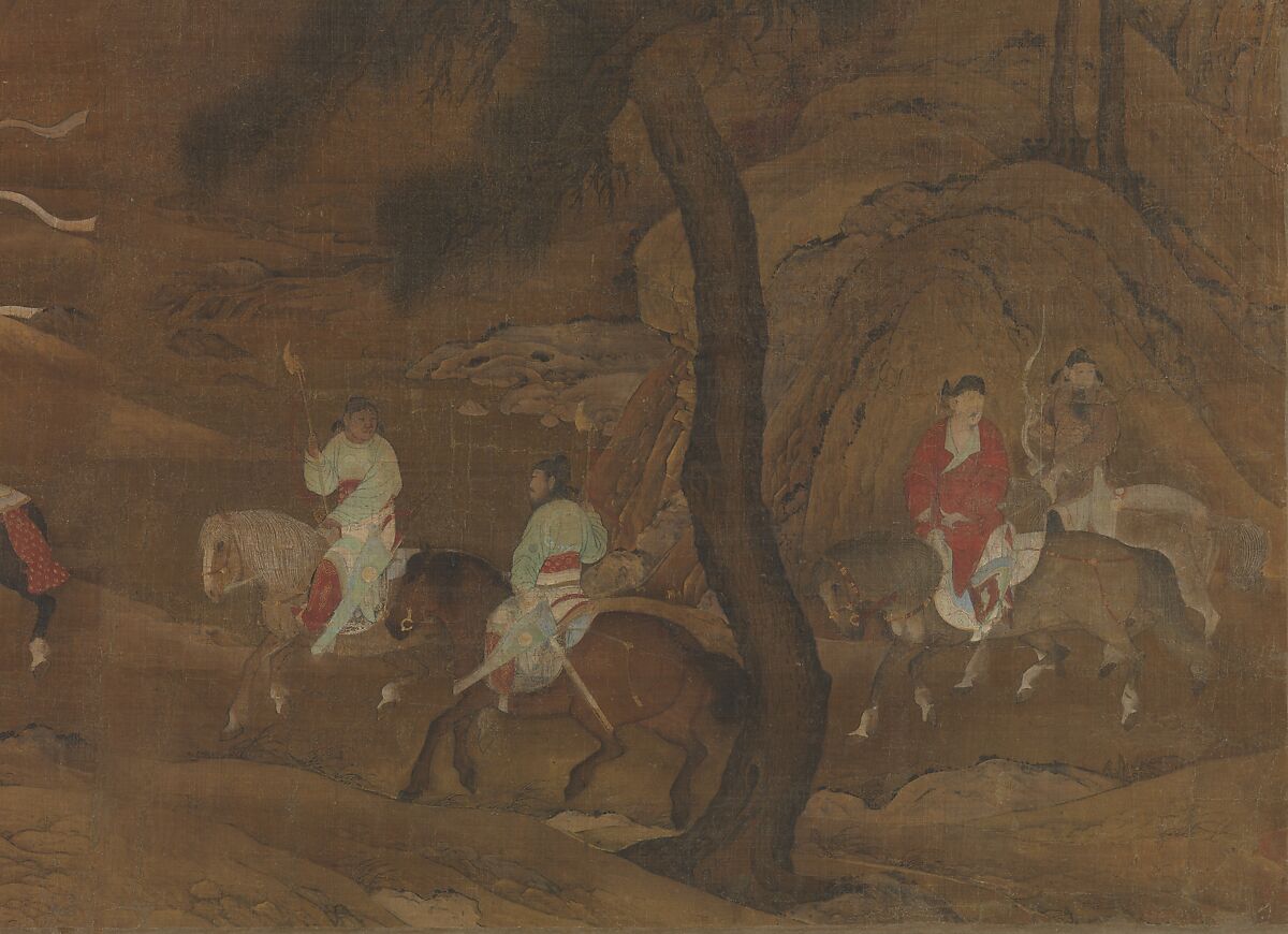 Emperor Xuanzong's flight to Shu, Unidentified artist Chinese, active mid-12th century, Hanging scroll; ink, color, and gold on silk, China