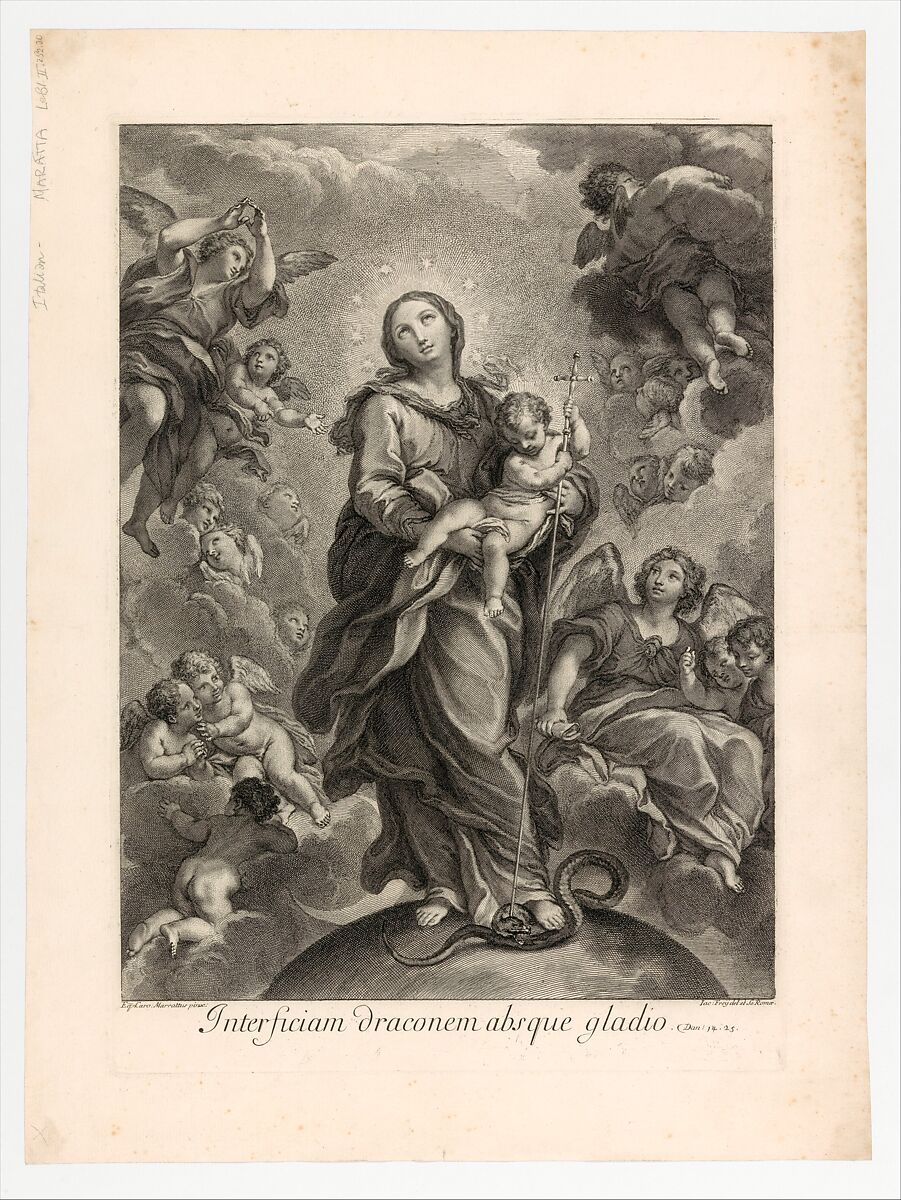 Destroy the dragon without sword; (Dan. 14.25); Virgin and Child on hemisphere, Johann Jakob Frey the Elder (Swiss, active in Rome 1681–1752), Etching and engraving 