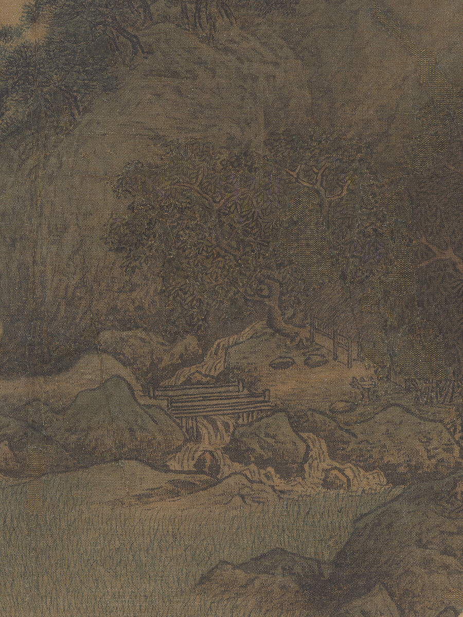 Hermitage by a pine-covered bluff, Attributed to Yan Ciyu (Chinese, act. ca. 1164–81), Fan mounted as an album leaf; ink and color on silk, China