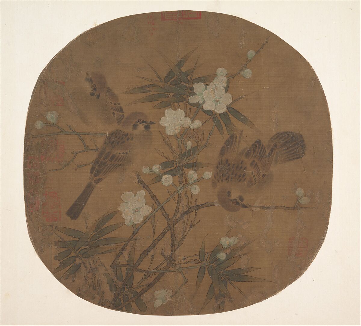 Sparrows, plum blossoms, and bamboo, Unidentified artist Chinese, Fan mounted as an album leaf; ink and color on silk, China 