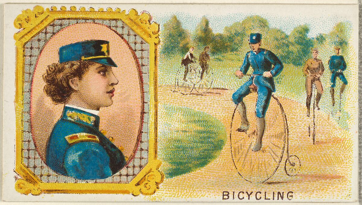 Bicycling, from the Games and Sports series (N165) for Old Judge Cigarettes, Issued by Goodwin &amp; Company, Commercial color lithograph 