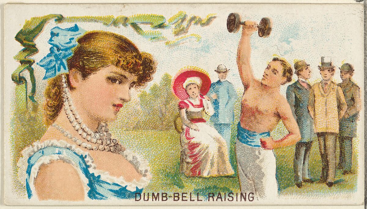 Dumb-Bell Raising, from the Games and Sports series (N165) for Old Judge Cigarettes, Issued by Goodwin &amp; Company, Commercial color lithograph 