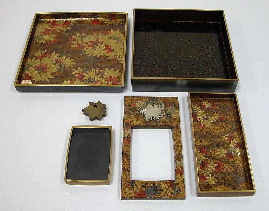 Writing Box with Portrait of Fujiwara no Ietaka and His Poem about the Tatsuta River, Lacquered wood with gold and silver hiramaki-e, togidashimaki-e, and red lacquer on silver ground, Japan