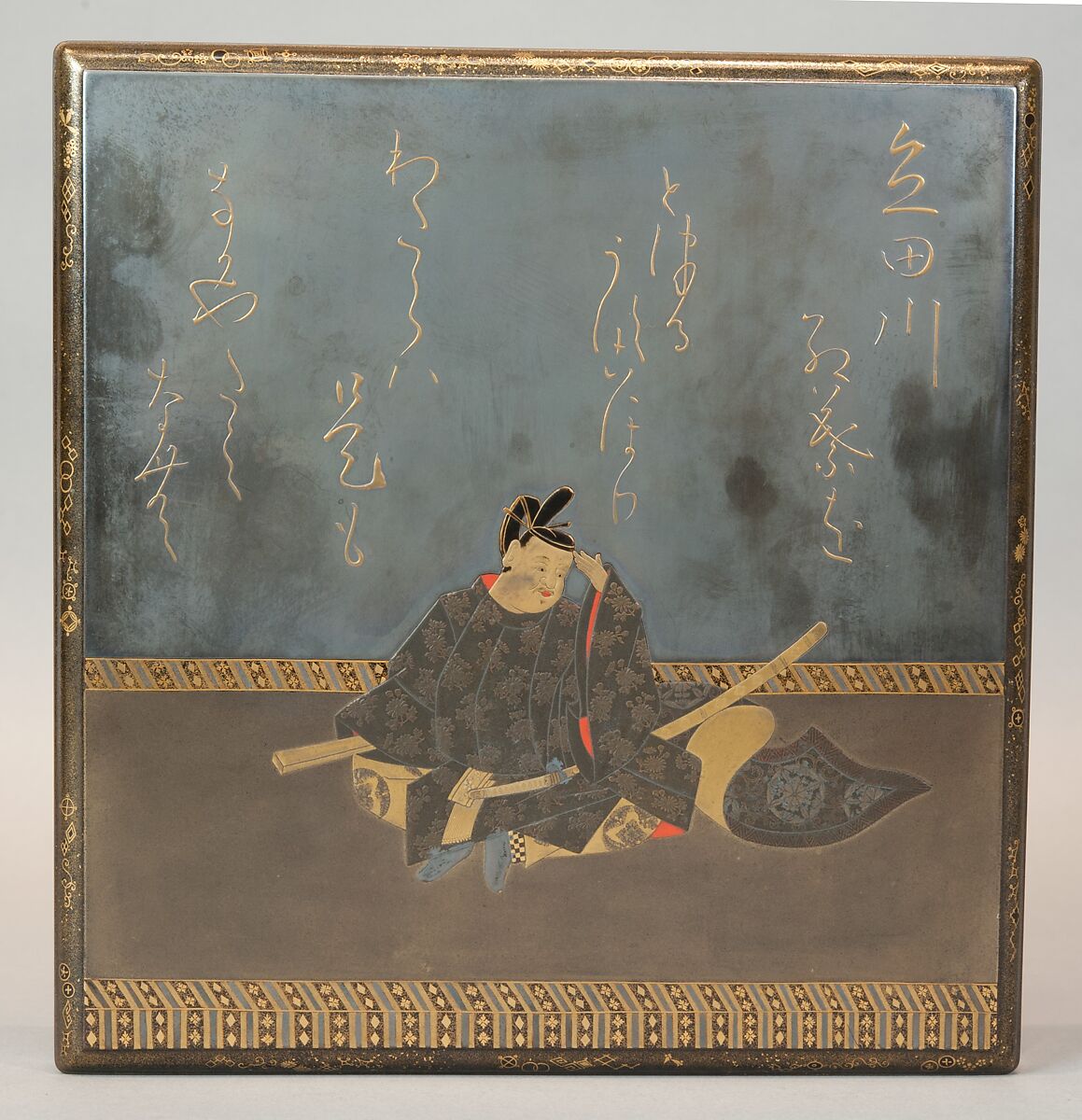 Writing Box with Portrait of Fujiwara no Ietaka and His Poem about the Tatsuta River, Lacquered wood with gold and silver hiramaki-e, togidashimaki-e, and red lacquer on silver ground, Japan