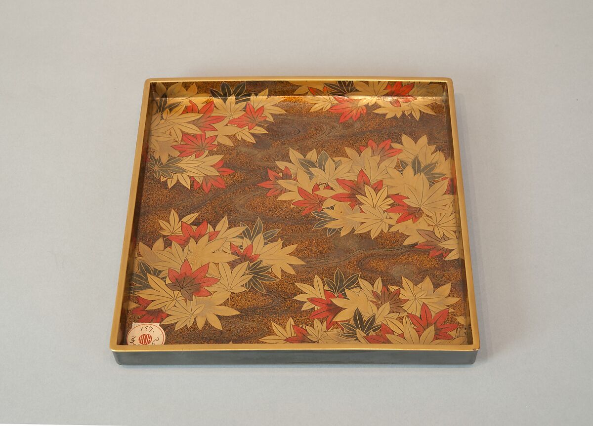 Writing Box with Portrait of Fujiwara no Ietaka and His Poem about the Tatsuta River, Lacquered wood with gold and silver hiramaki-e, togidashimaki-e, and red lacquer on silver ground, Japan