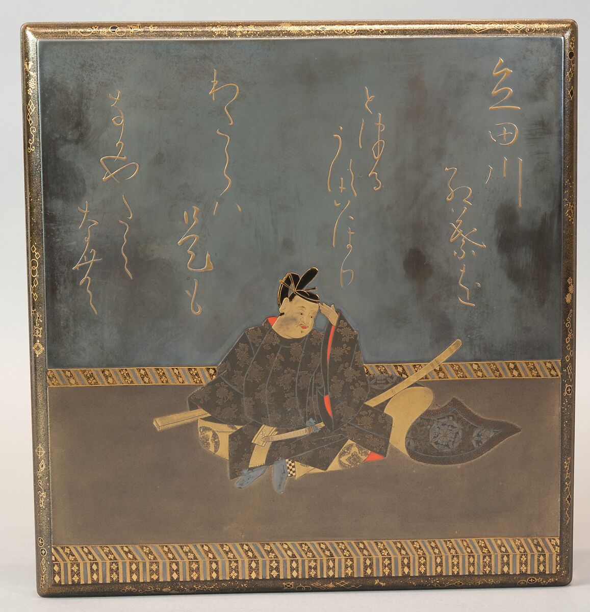 Writing Box with Portrait of Fujiwara no Ietaka and His Poem about the Tatsuta River, Lacquered wood with gold and silver hiramaki-e, togidashimaki-e, and red lacquer on silver ground, Japan