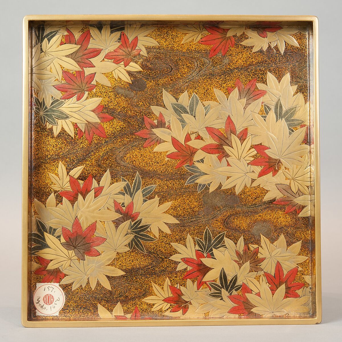 Writing Box with Portrait of Fujiwara no Ietaka and His Poem about the Tatsuta River, Lacquered wood with gold and silver hiramaki-e, togidashimaki-e, and red lacquer on silver ground, Japan