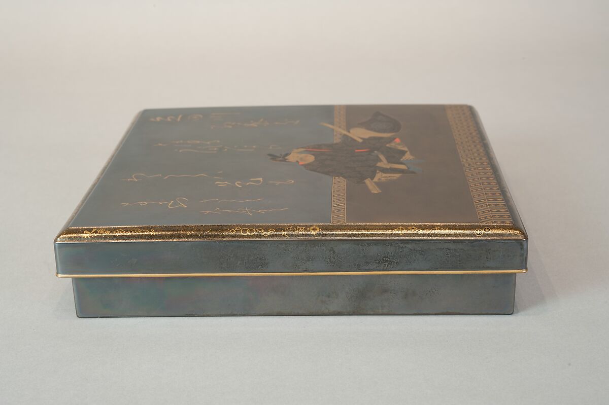 Writing Box with Portrait of Fujiwara no Ietaka and His Poem about the Tatsuta River, Lacquered wood with gold and silver hiramaki-e, togidashimaki-e, and red lacquer on silver ground, Japan