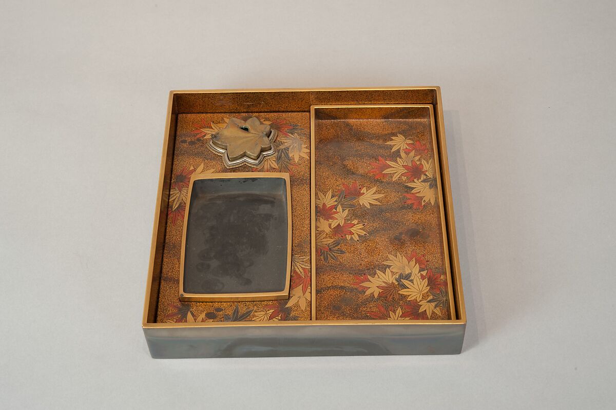 Writing Box with Portrait of Fujiwara no Ietaka and His Poem about the Tatsuta River, Lacquered wood with gold and silver hiramaki-e, togidashimaki-e, and red lacquer on silver ground, Japan