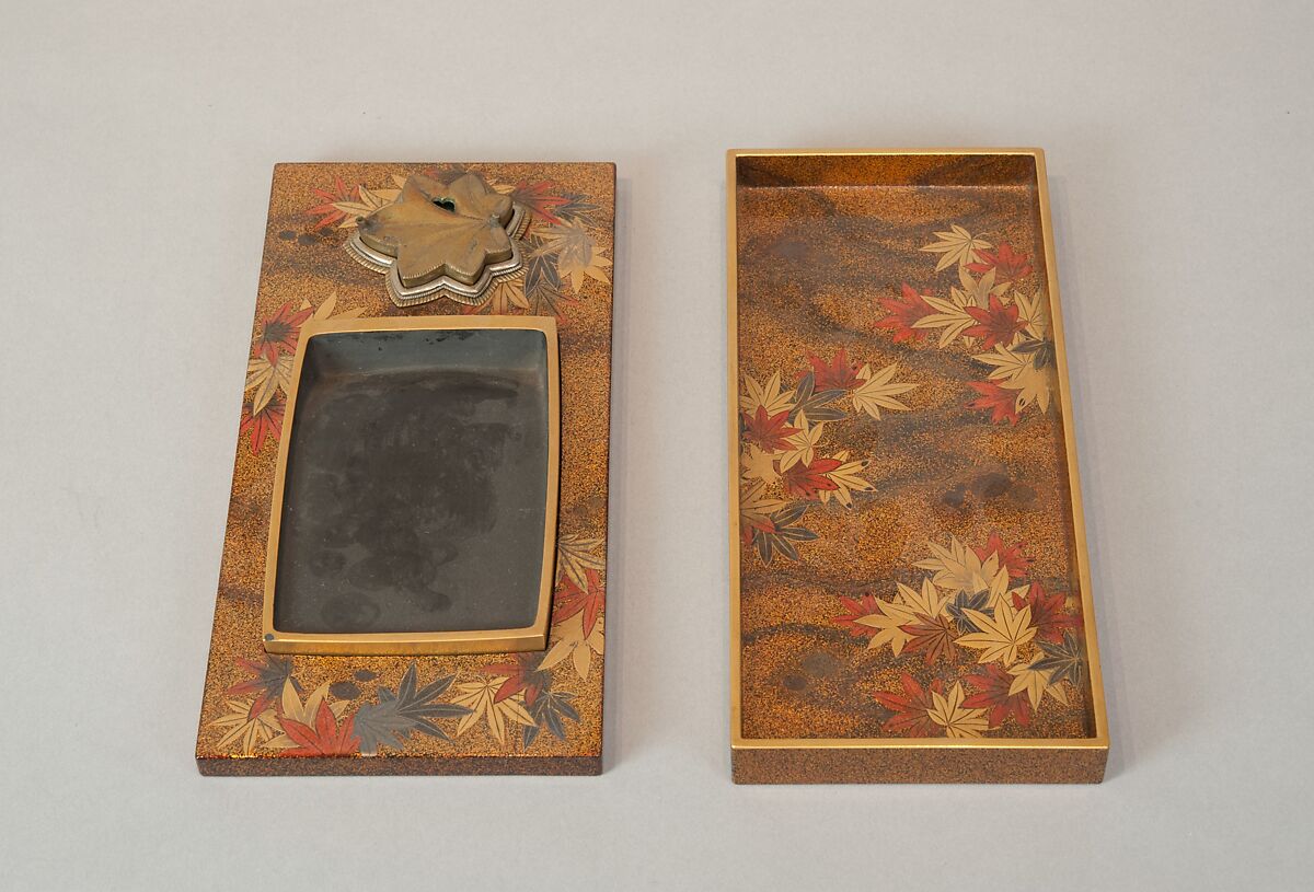 Writing Box with Portrait of Fujiwara no Ietaka and His Poem about the Tatsuta River, Lacquered wood with gold and silver hiramaki-e, togidashimaki-e, and red lacquer on silver ground, Japan